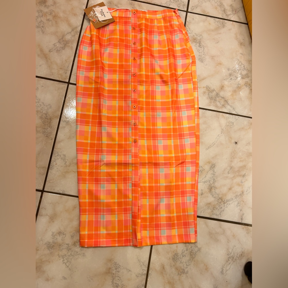 Seven wonders pink and orange plaid print skirt
